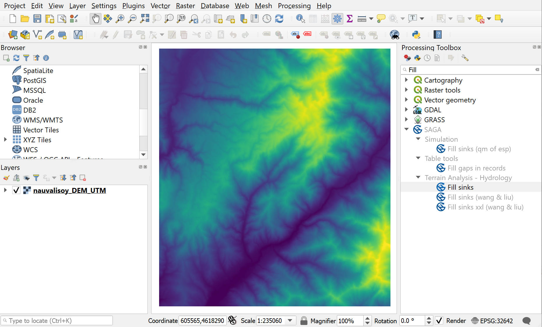 Search for the *Fill sinks* algorithm in the *Processing Toolbar* panel.