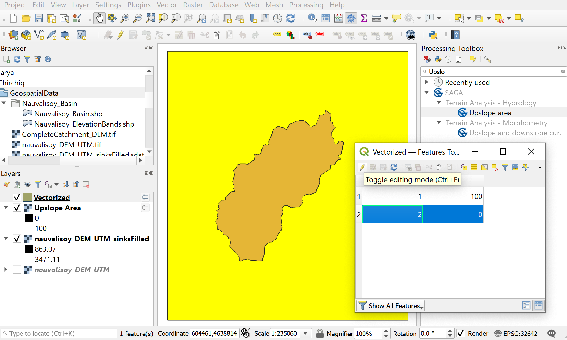 Select the outer shape to discard by clicking on the second row in the attribute table and toggle the edit mode by clicking on the pen icon. 