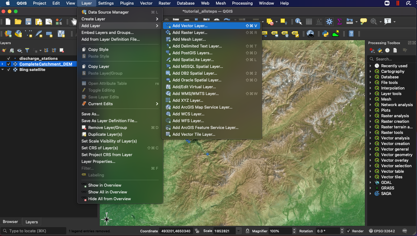 Add vector layer to QGIS project, step 1.: Navigate to the Data Source Manager.