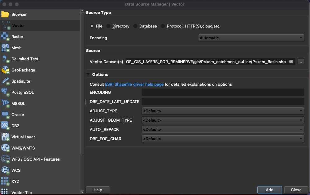 Add vector layer to QGIS project, step 2: Select vector layers to add. Note that you select the *shp* file but *cpg*, *dbf* and *shx* need to be present in the same location.