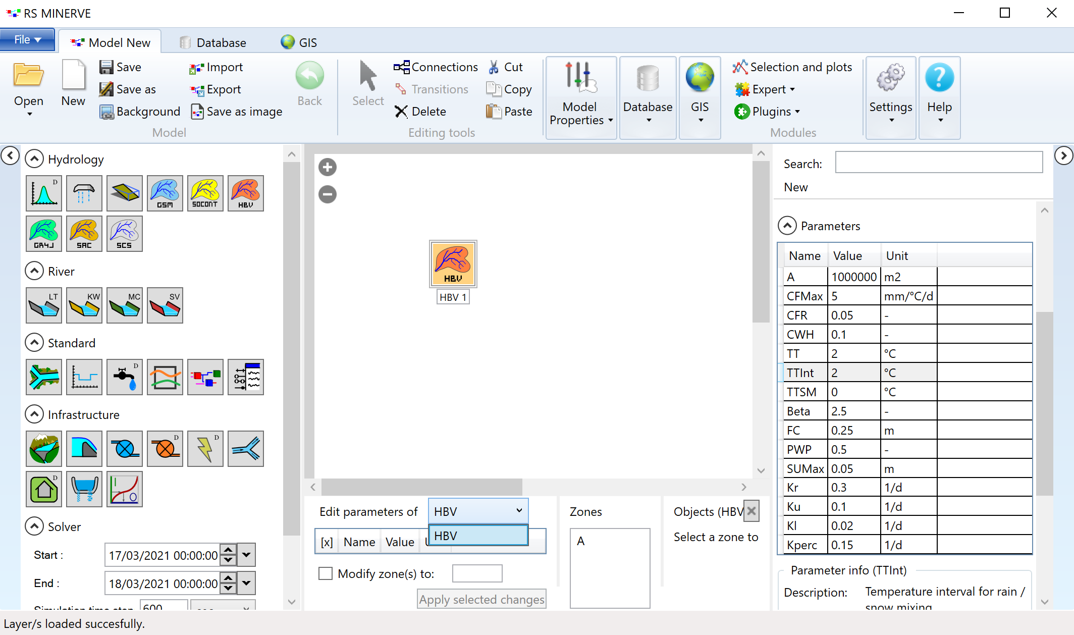 Select HBV in the Parameters panel.