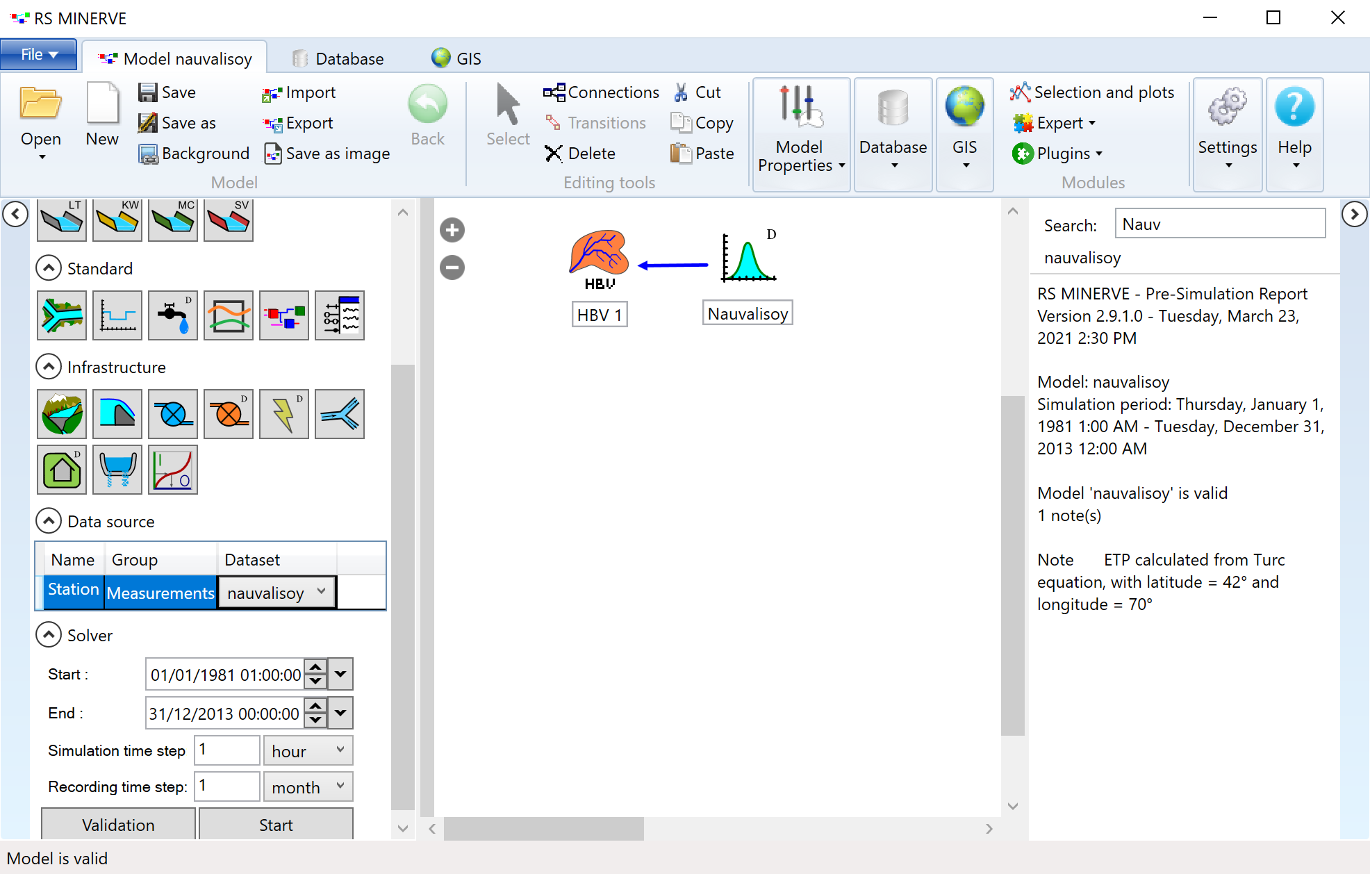 Choose the nauvalisoy data set to link the weather station data to the virtual weather station. The simulation times should not extend the period of the input data. Simulation time step is 1 hour and the recording time step is 1 month.