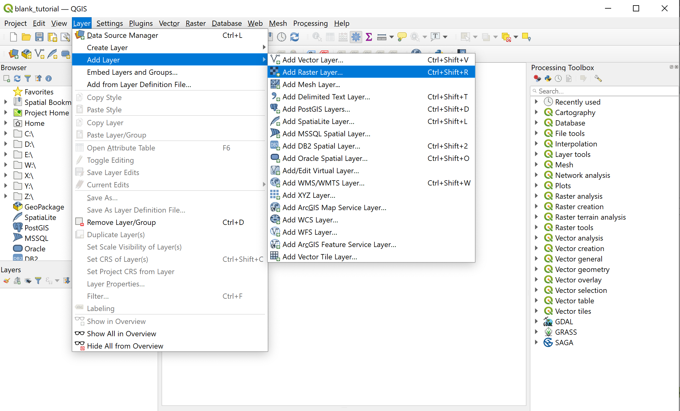 Add raster layer to QGIS project, step 1.: Navigate to the Data Source Manager.