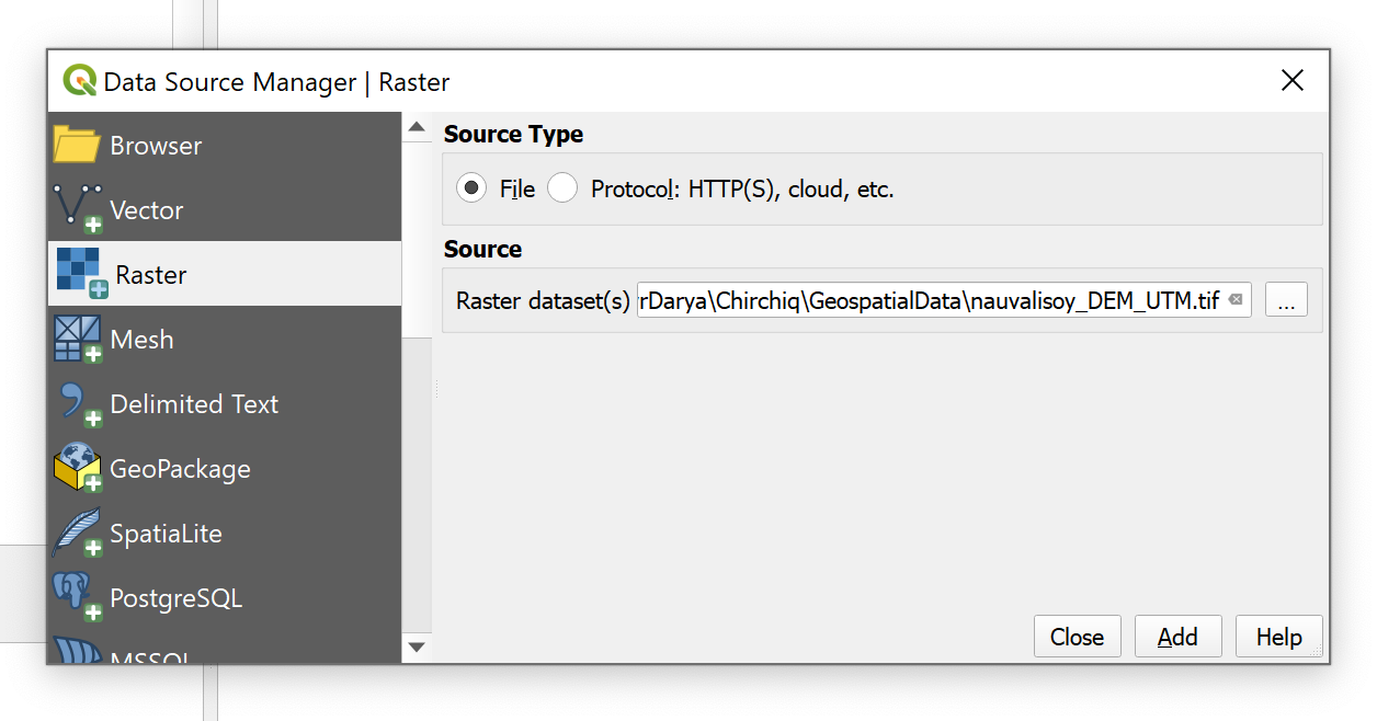 Add raster layer to QGIS project, step 2.: Browse for the raster file to add to the QGIS project by pressing on the box with the three dots (...) to the right of the raster source input field.