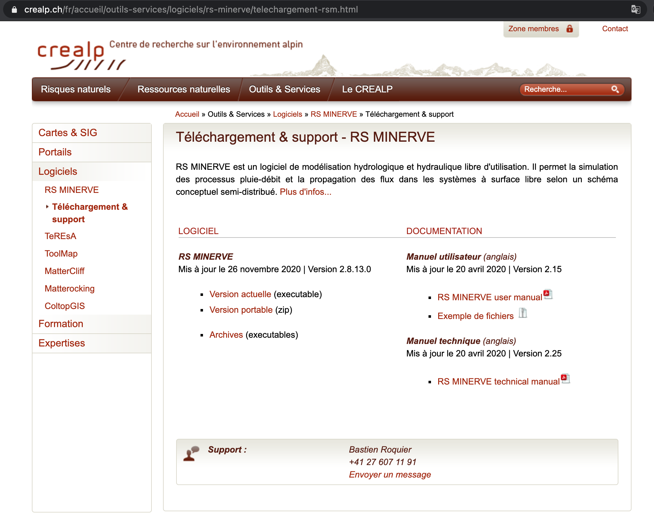 Download RS Minerve from the CREALP website [https://www.crealp.ch/fr/accueil/outils-services/logiciels/rs-minerve/telechargement-rsm.html](https://www.crealp.ch/fr/accueil/outils-services/logiciels/rs-minerve/telechargement-rsm.html) (last accessed March 18, 2021).