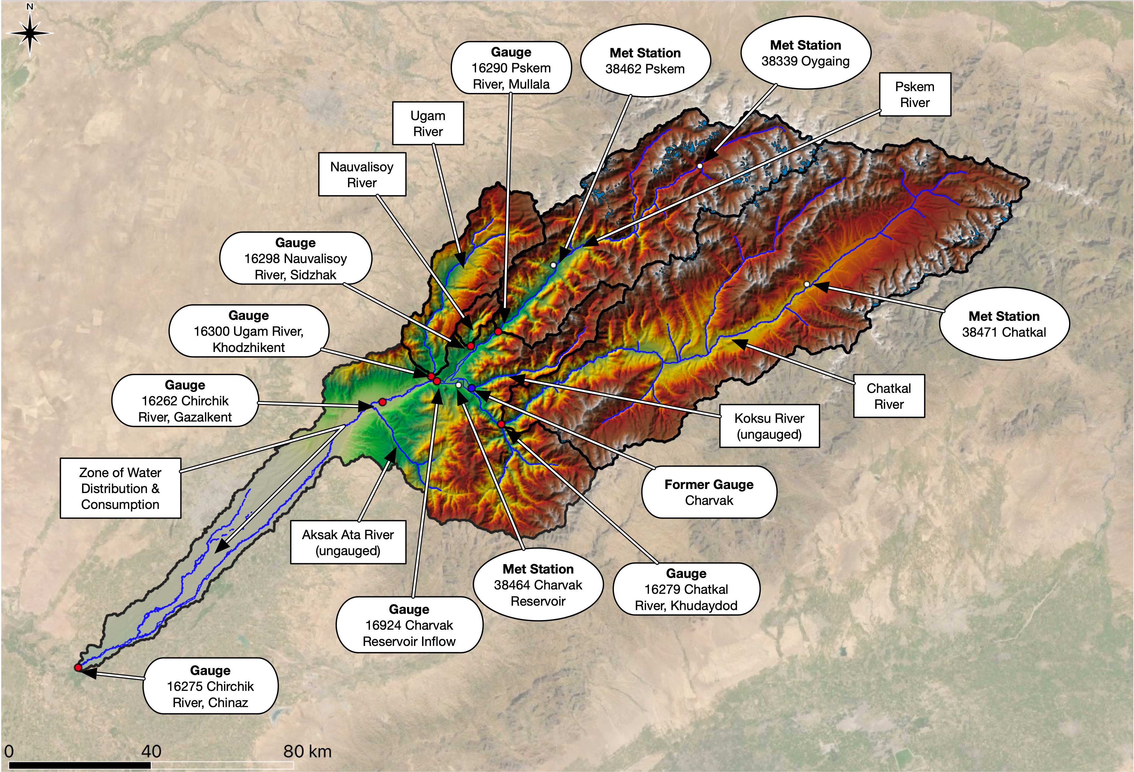 Overview over the Chirchik river basin with tributaries and the location of the main gauging stations in the zone of runoff formation and near the confluence with the Syr Darya.