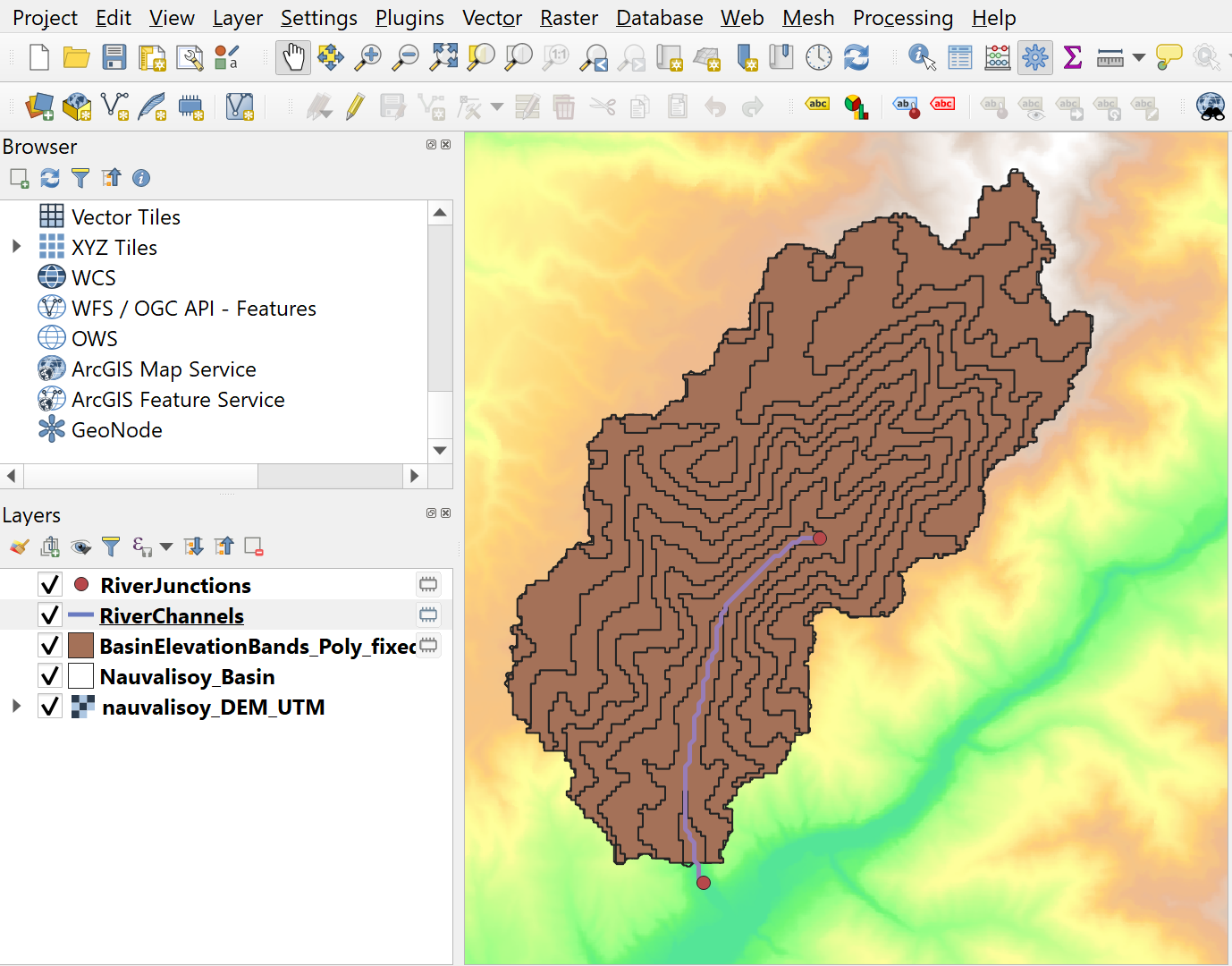 Raw output of the QGIS model chain to derive the GIS layers for import into RS Minerve.
