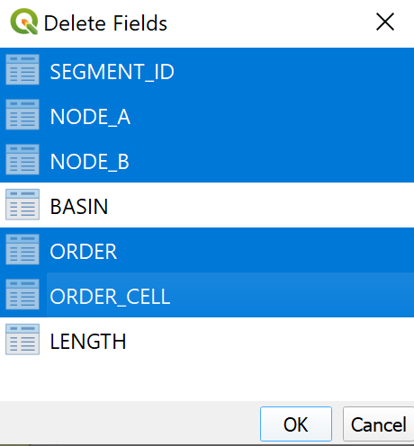 Select the fields of the attribute table to delete.
