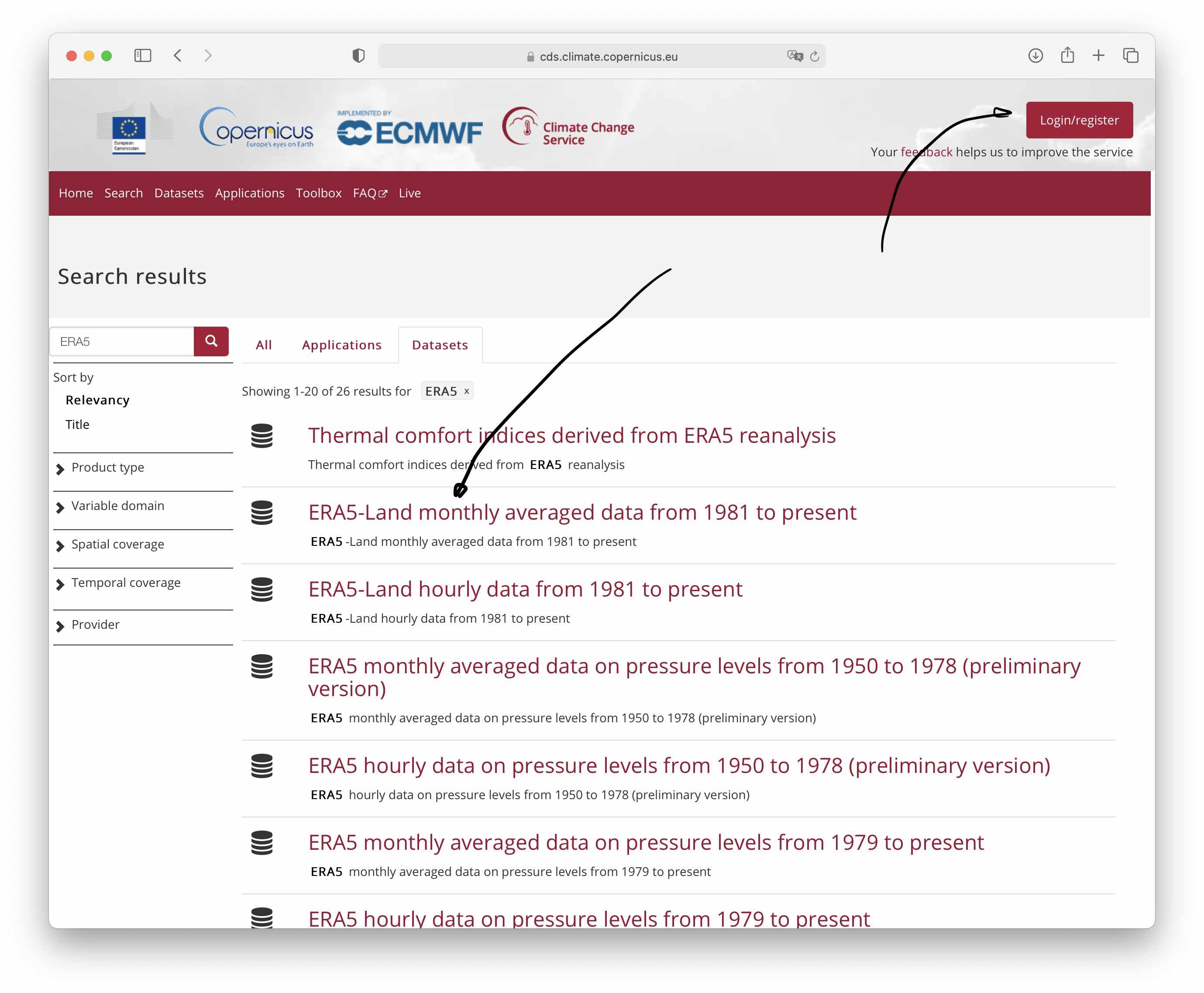 Screenshot from the Copernicus Climate Data Store. One needs to register first if you want to download data yourself from the Climate Data Store (click on Login/register button. The product which we download is highlighted. If you click on it, then the detailed data page comes up.
