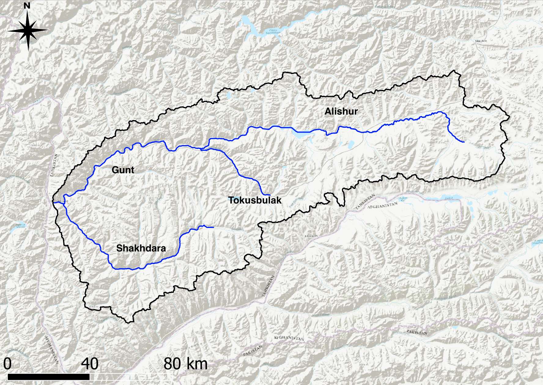 The outline of the Gunt river catchment is shown with the key river sections of all tributariies from the corresponding subbasins.