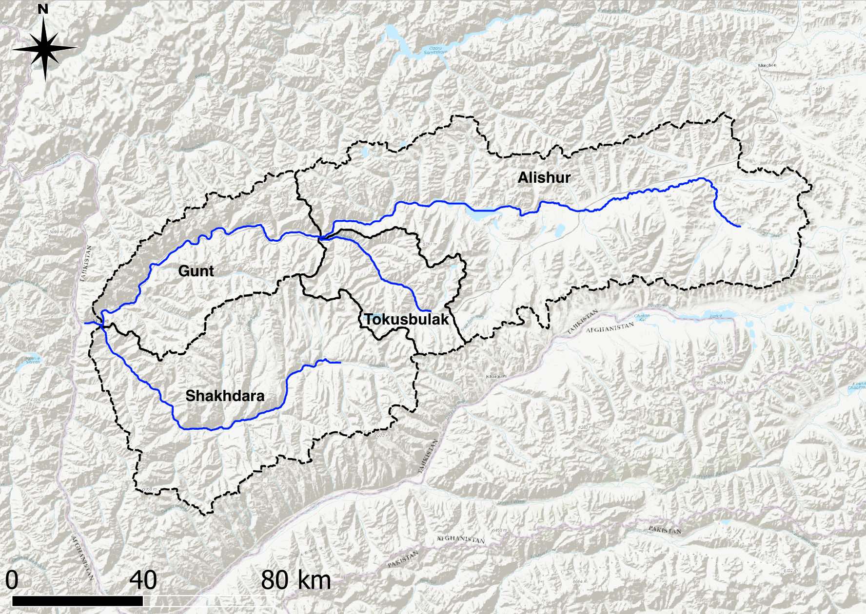 Gunt river catchment with the individual subbasins is shown. These subbasins are further divided into elevation band zones and the mean climate finally extracted over these subbasin-specfic elevation bands (see Figure 5.33).