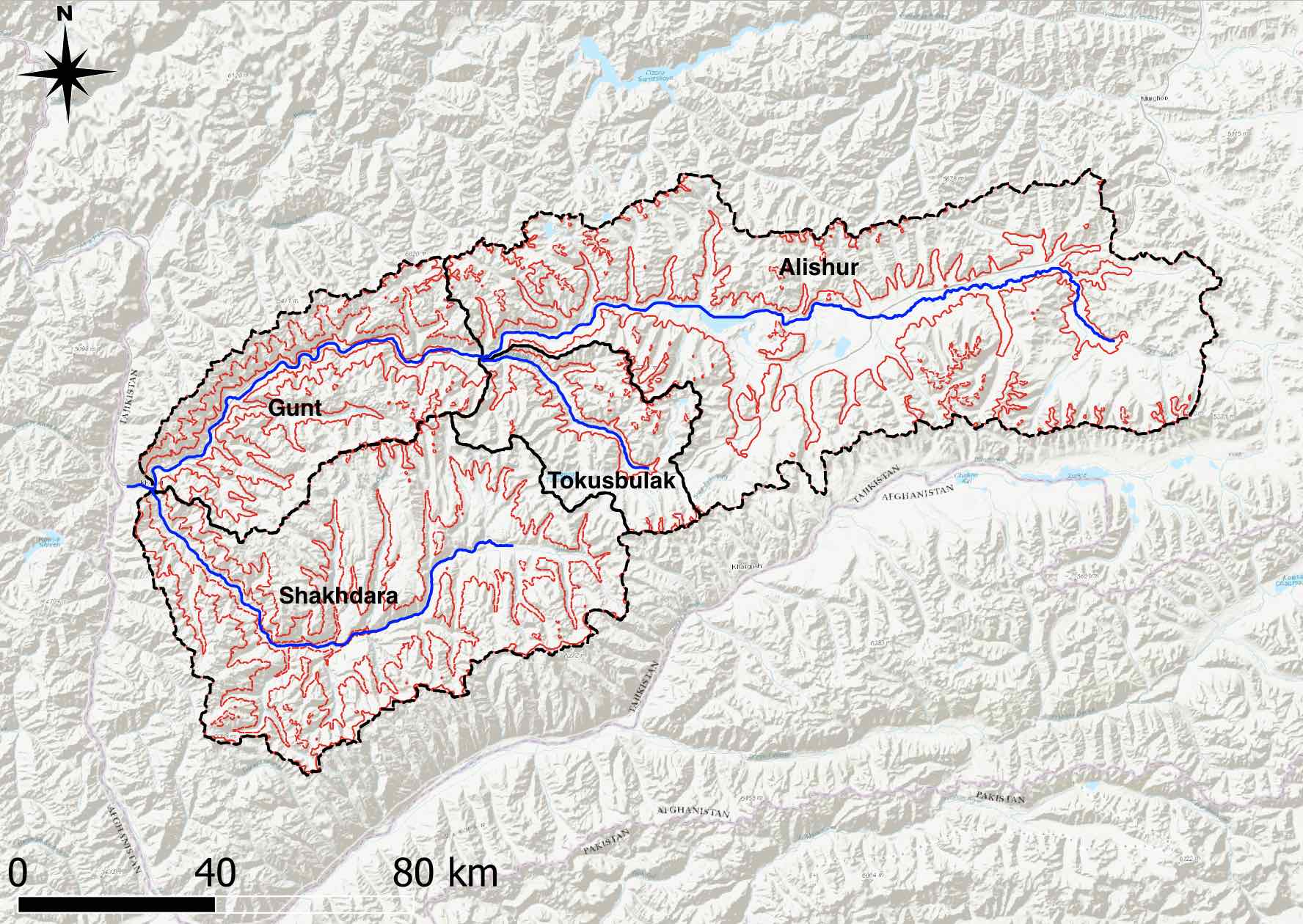 The Gunt river catchment elevation bands are shown in red color. The entire catchment was divided into 4 altitude zones with an interval spacing of 1'000 meters. In real world climate impact studies, elevation bands are normally generated with an interval spacing of 200 - 500 meters.