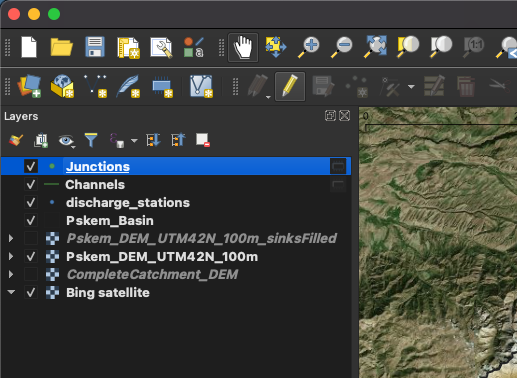 Manually edit the layer with the river junctions, step 1: Toggle layer editing.