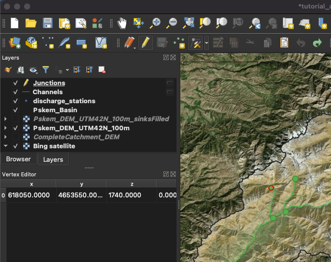 Manually edit the layer with the river junctions, step 3: Activate a junction node for editing.