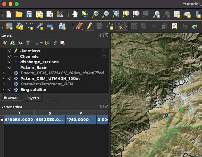 Manually edit the layer with the river junctions, step 3: Select the activated junction node.