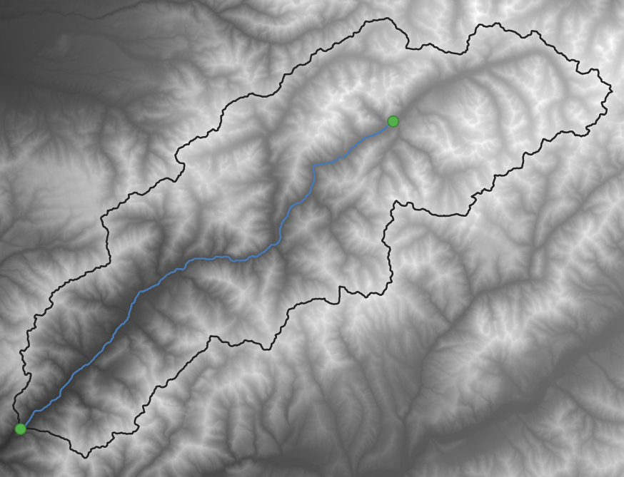 Comparison of River Network Level = 7 (left) and River Network Level = 8 (rigth) for the example of the Pskem river catchment.