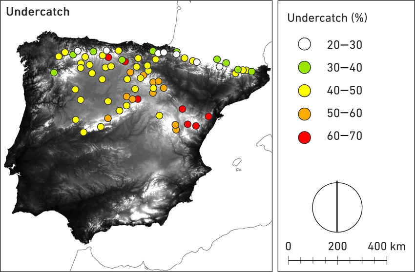 Measured snow undercatch values in high-mountain stations in Spain. The values were determined within the World Meteorological Organization Solid Precipitation Intercomparison Experiment (WMO-SPICE). See text for more information and reference.