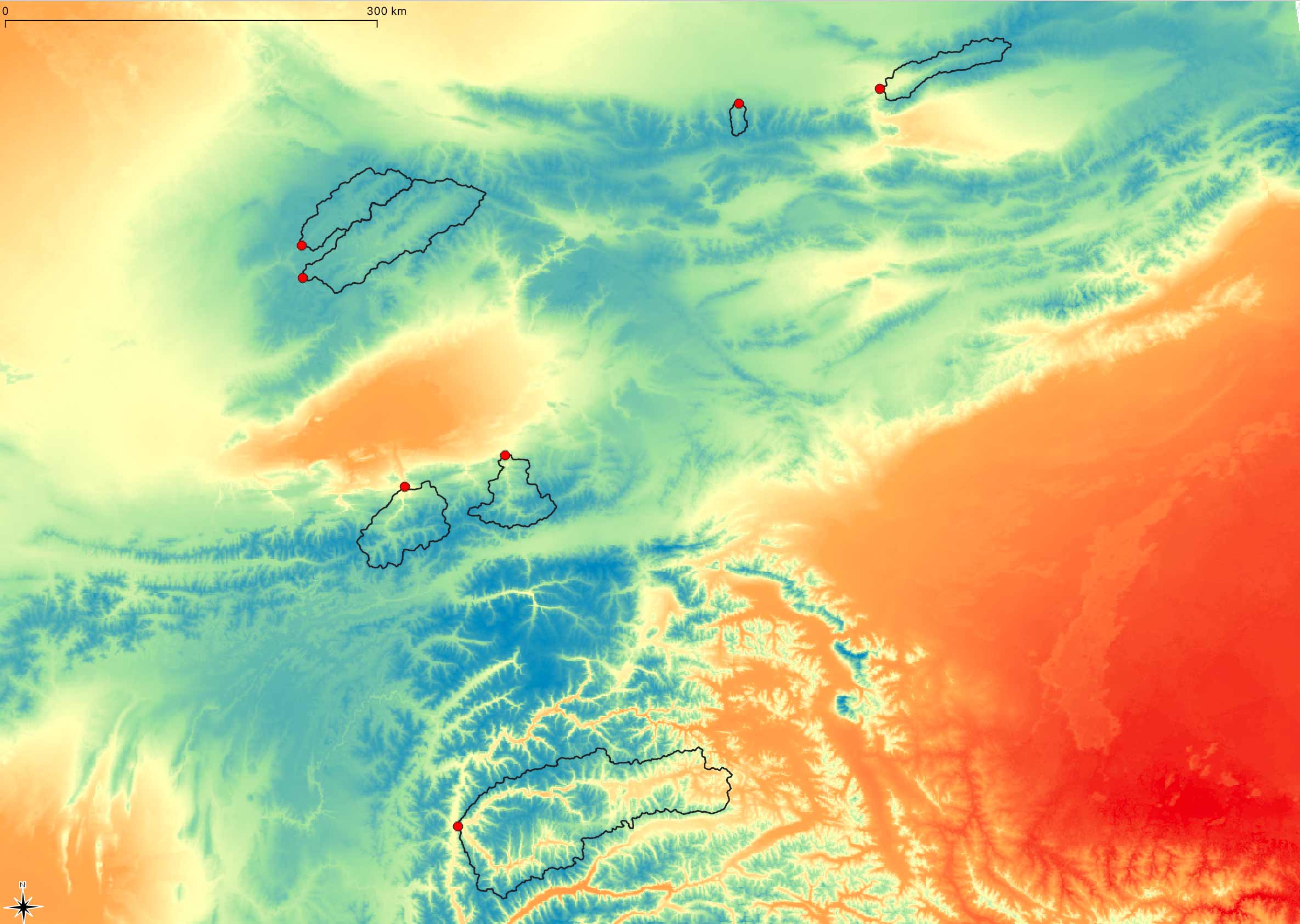 Aridity Index over Central Asia. Red colors are high aridity index values where as blue colors indicate low index values. Source Data: [@Trabucco2019]