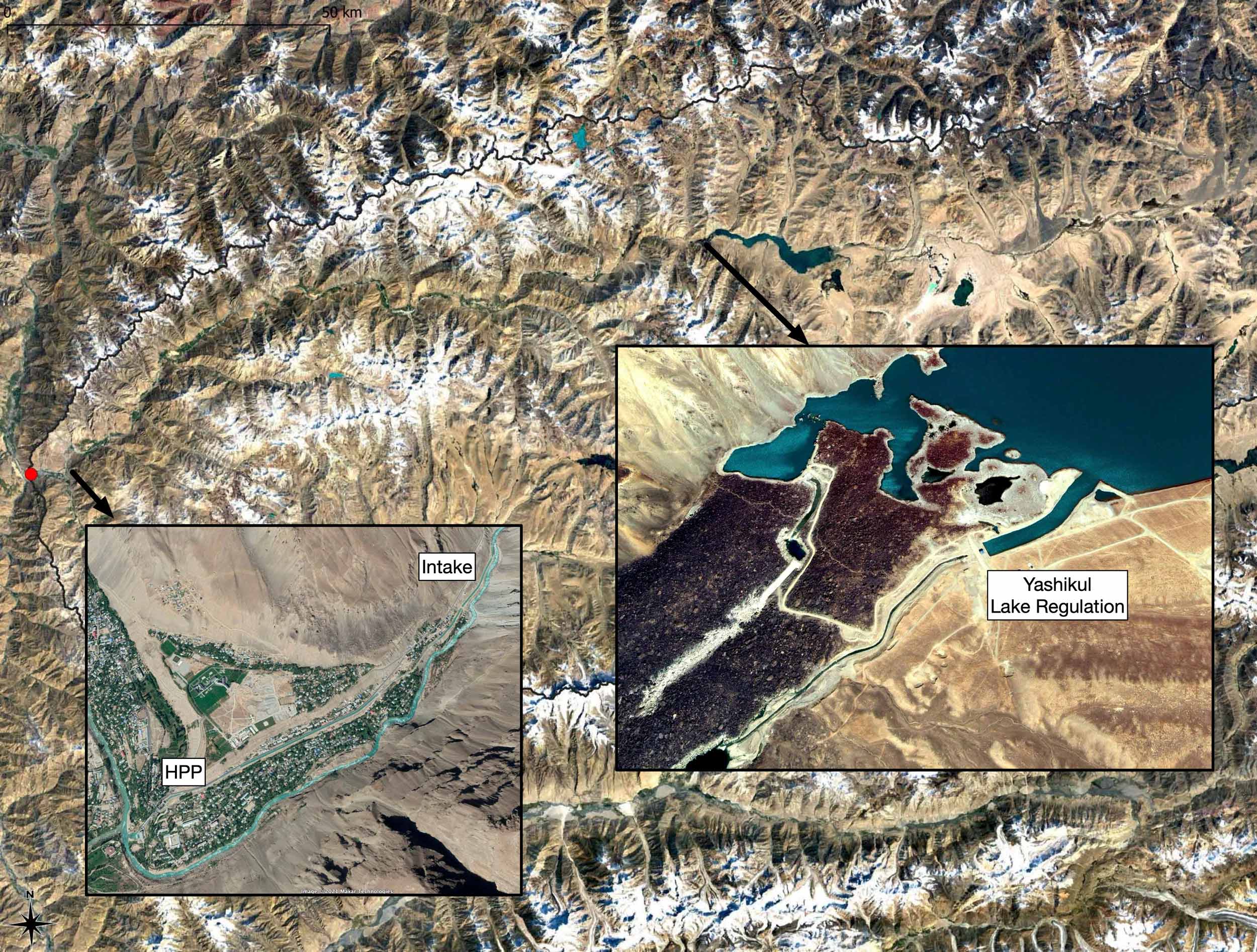 Since 2006, a run off the river hydropower plant operated by Pamir Energy produces hydropower to cover local electric energy demand. Lake Yashikul is used as a regulator. The increase in winter discharge from 2007 onwards is due to HPP operations.