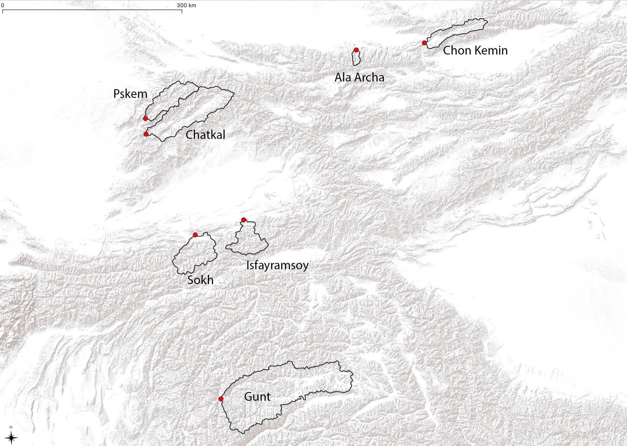 Overview map of the Central Asia region with the 7 study basins. The rivers include the Gunt River in the Amu Darya basin, the Sokh and Isfayramsoy rivers in the Syr Darya basin, the Pskem and Chatkal rivers in the Chirchik river basin and finally, the Ala Archa and Chon Kemin rivers in the Chu river basins. The catchments are delineated with by the black polygons and the location of the individual gauges highlighted with the red circles.