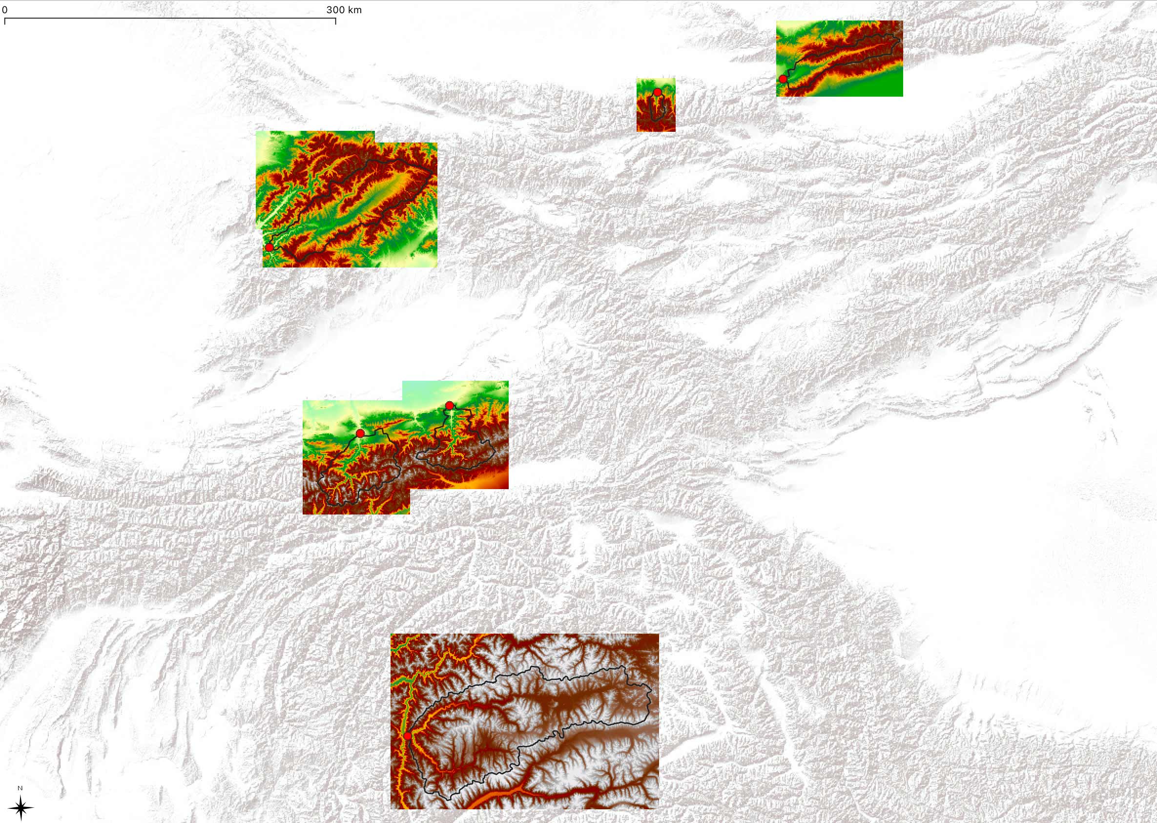 SRTM digital elevation models for catchments. Source Data: SRTM [@USGS_2020]