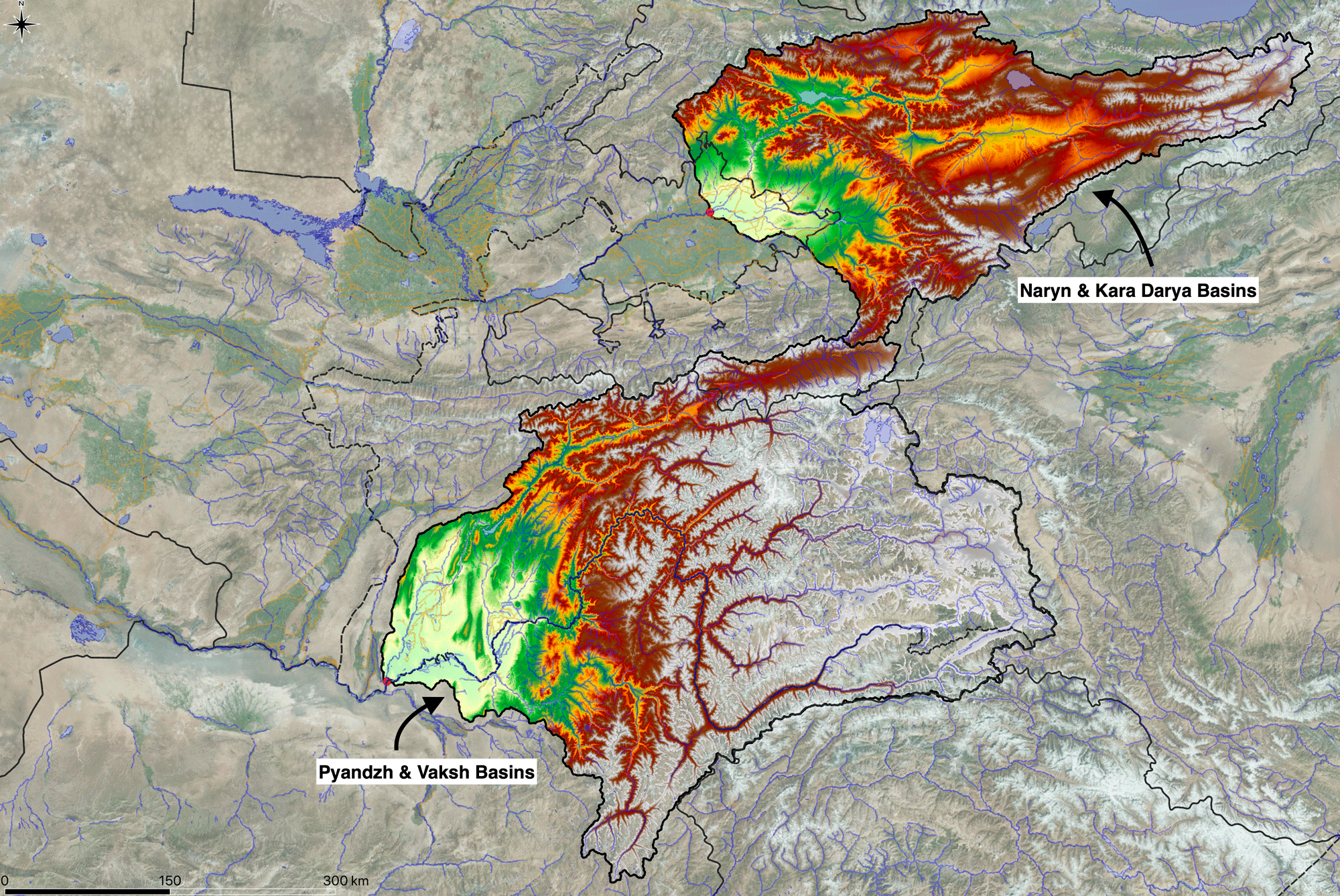Map of the upper Syr Darya and Amu Darya catchments. The catchments are outlined. Colors encode topographic height. Basin outlets (red dots) are chosen to correspond to the confluence of the two main rivers for each catchment. Topographic data is from [@USGS_2020].