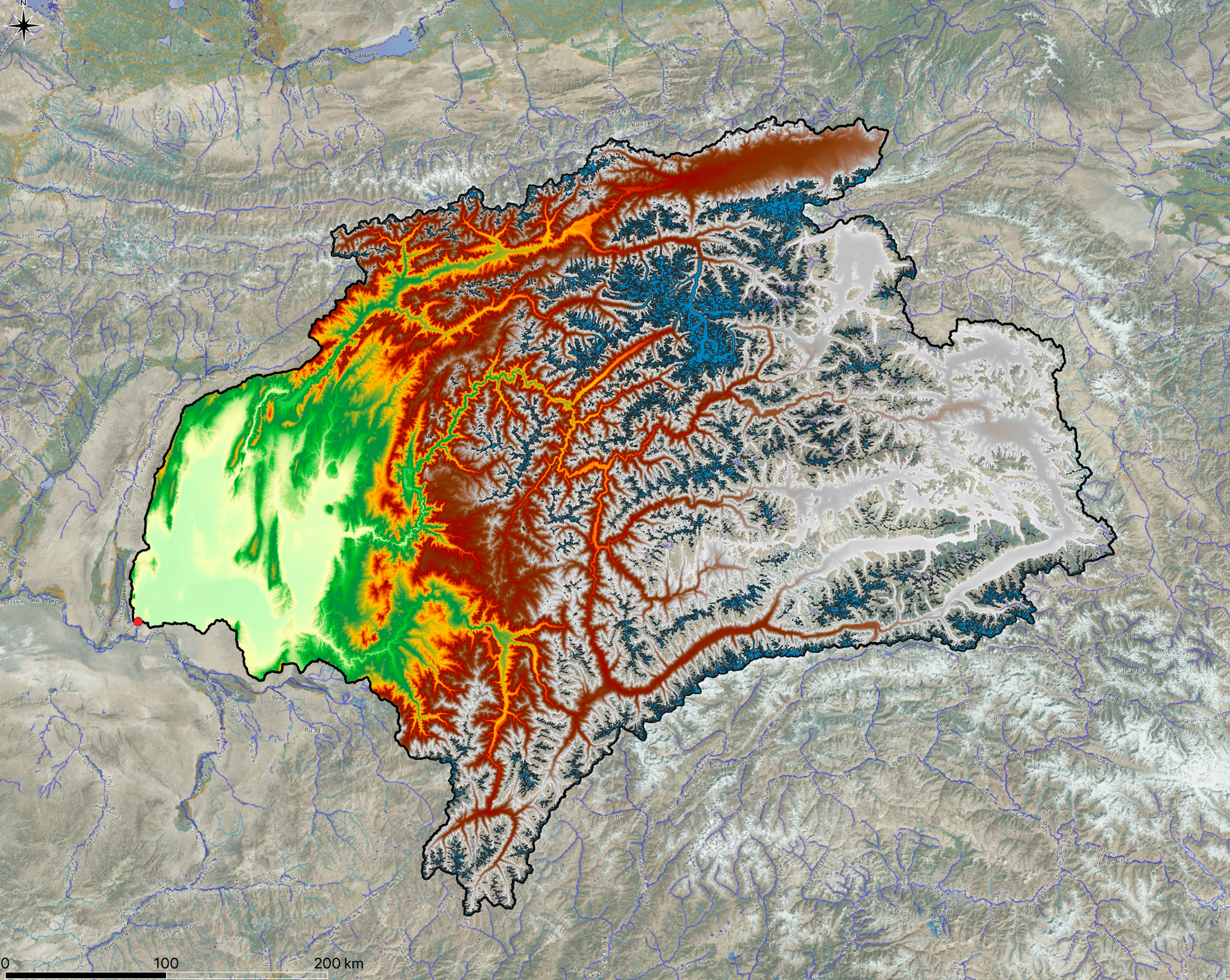 Visualization of the GLIMS data glaciation in the Vaksh-Pyandzh basin. The light blue shaded polygons show land ice on top of the underlying digital elevation model.