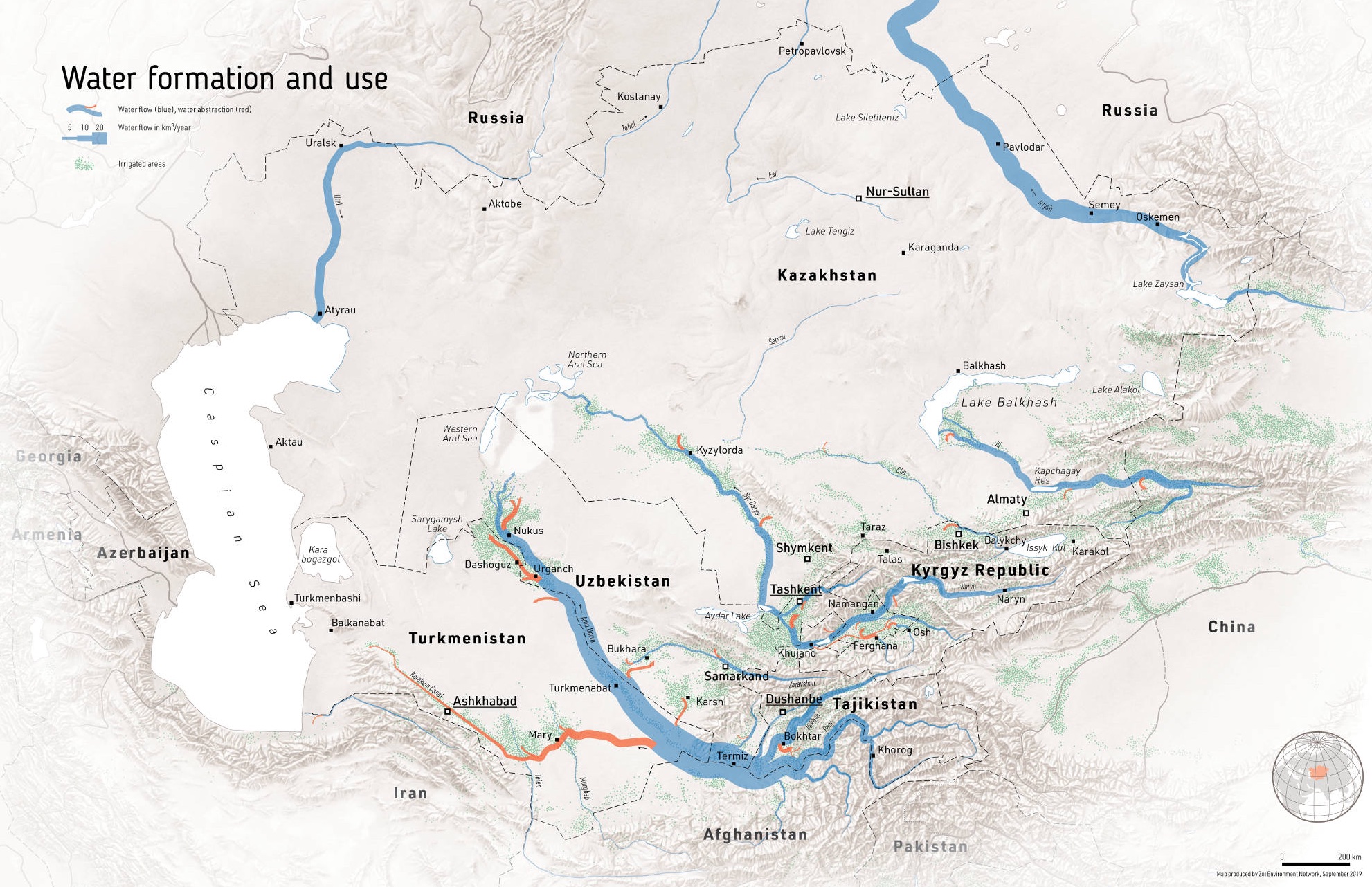 Map highlighting the Central Asian rivers network (rivers are shown in blue color). The dense river network in the mountainous areas starkly contrasts with the sparse one in the plains. Source: Zoï Environment Network.