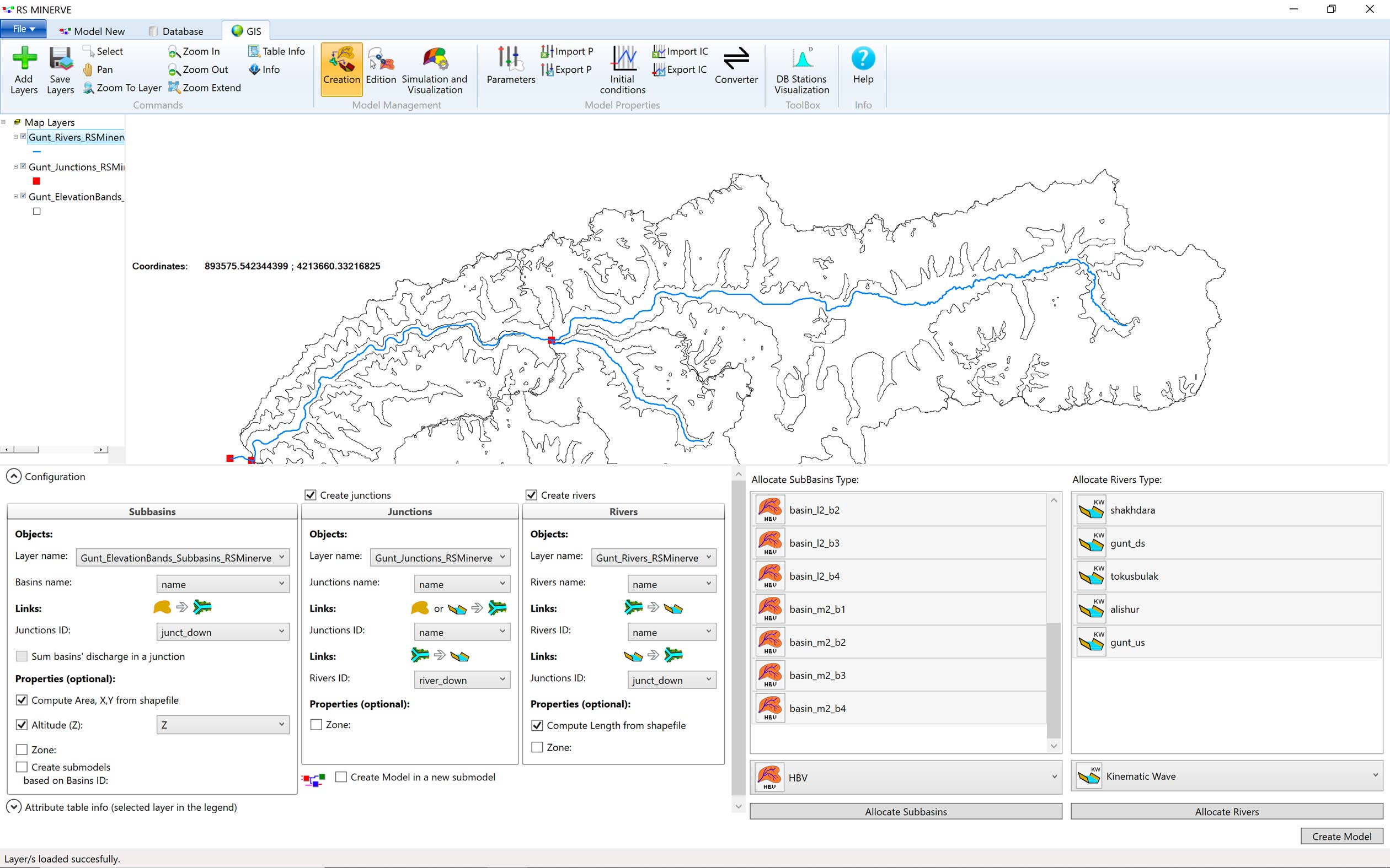 Using the `Creation` Menu, the information from the shapefiles gets translated into a number of interlinked subcatchment and elevation band-specific models.