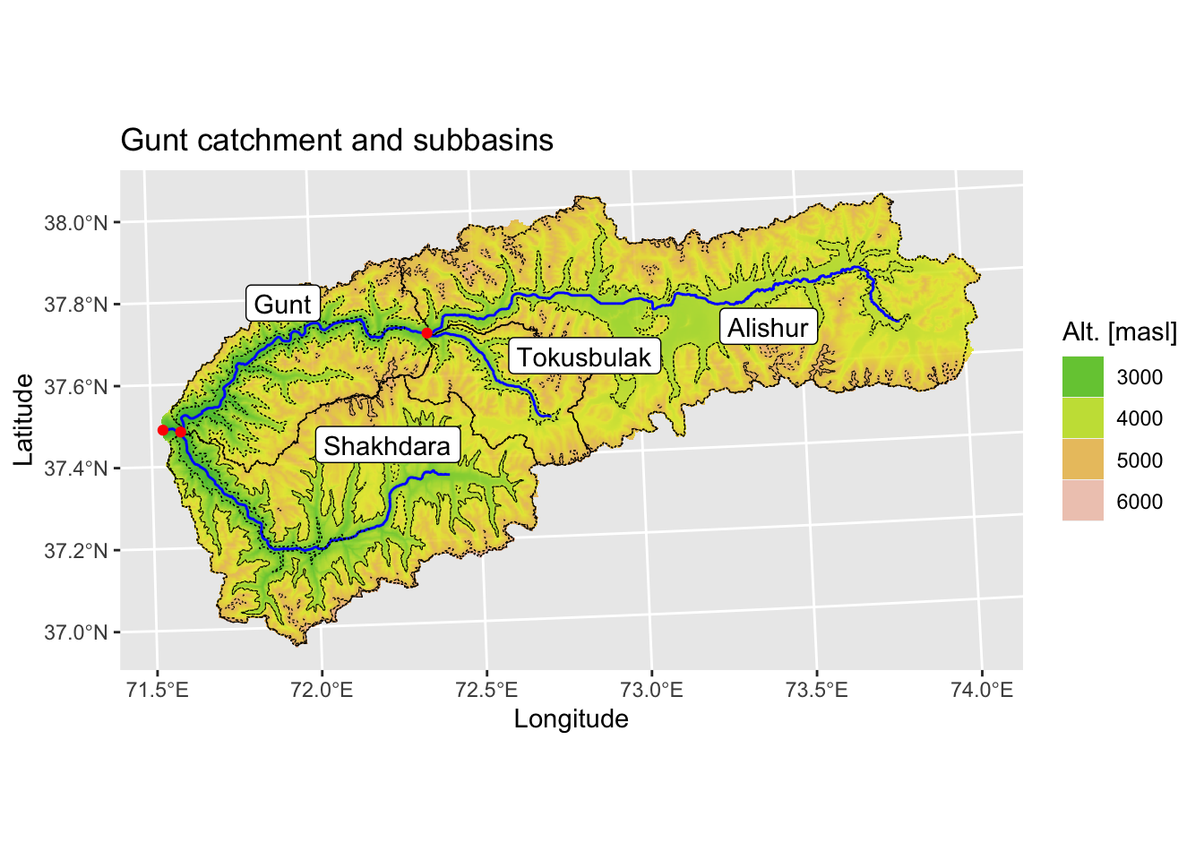 Gunt river basin overview, showing the digital elevation model, the 4 subcatchments, the elevation bands with 1'000 meters intervals, the main tributary rivers and the corresponding junctions.