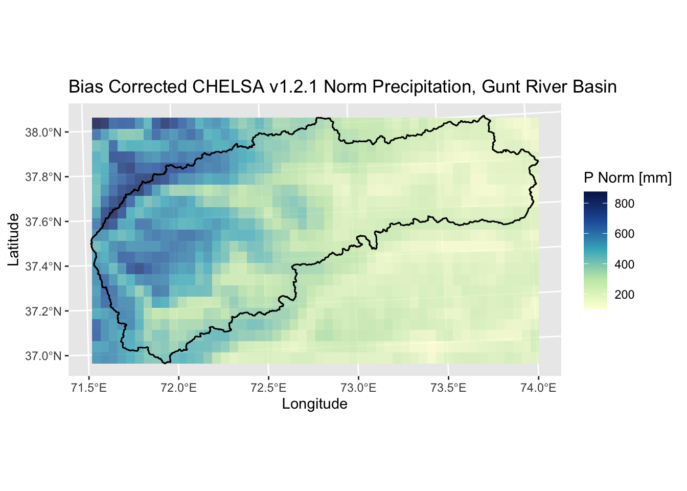 Long-term mean precipitation climatology of the Gunt river basin in the Pamir mountains. The catchment is delineated by the black polygon. The mean long-term precipitation in the catchment is 349 mm/year.