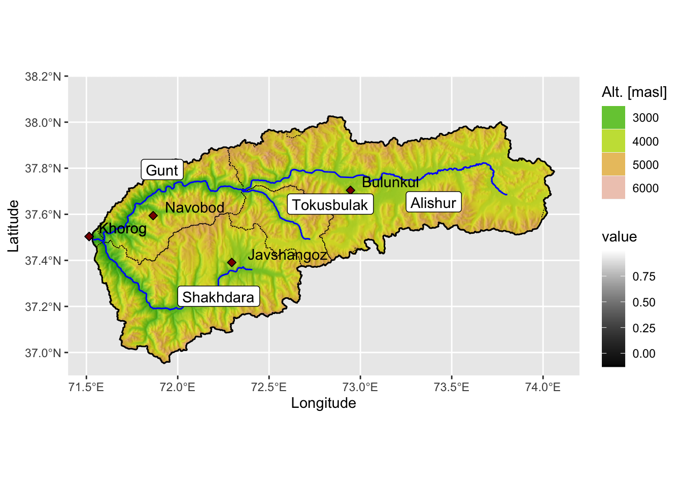 Map of the Gunt river basin. The subcatchments are named with white labels and the meteorological stations indicated with red diamonds. The discharge station 17050 at Gunt is located at the meteostation 38954.